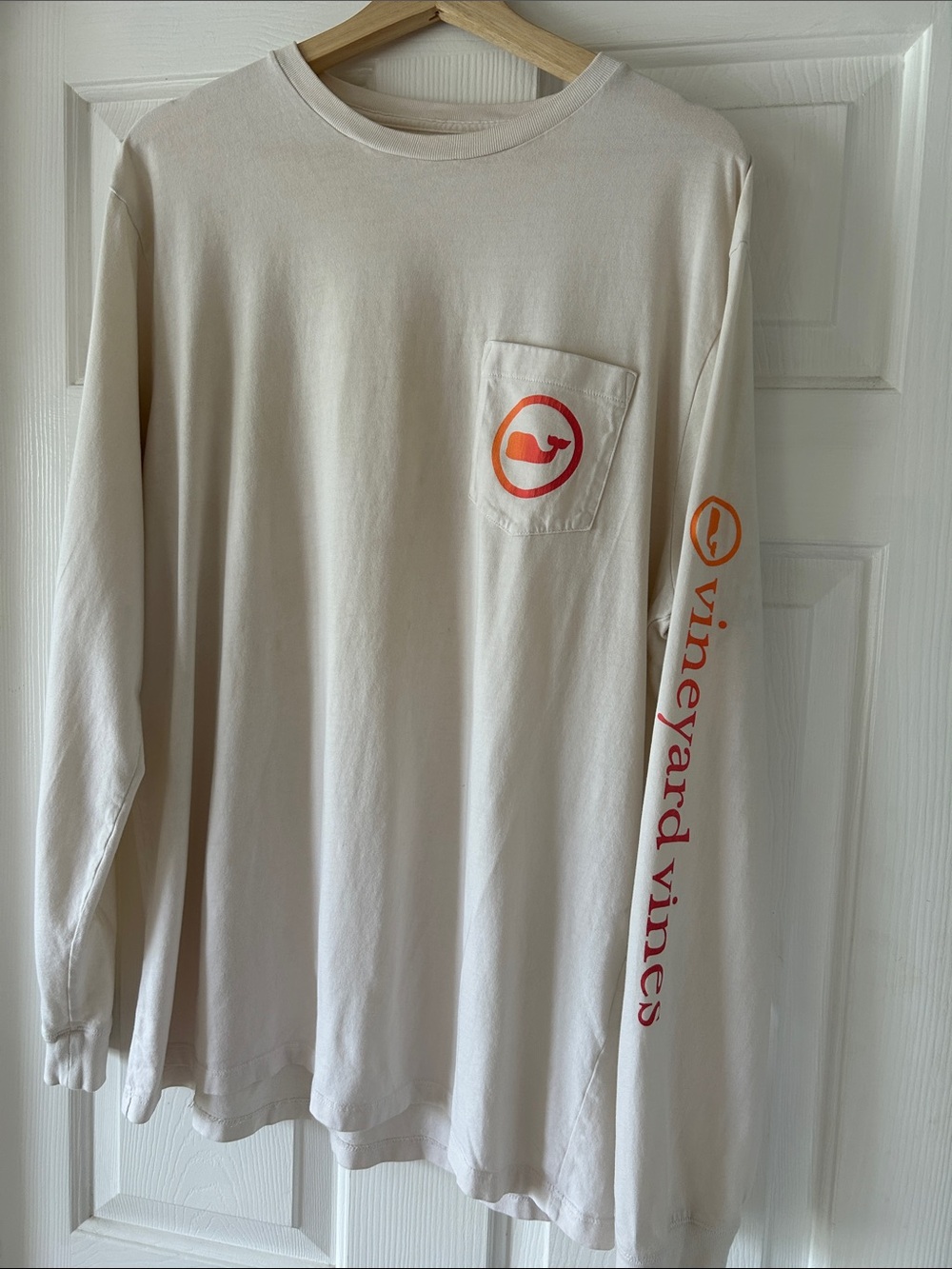 Vineyard Vines Cream Long-Sleeve Pocket Tee with Orange Logo
